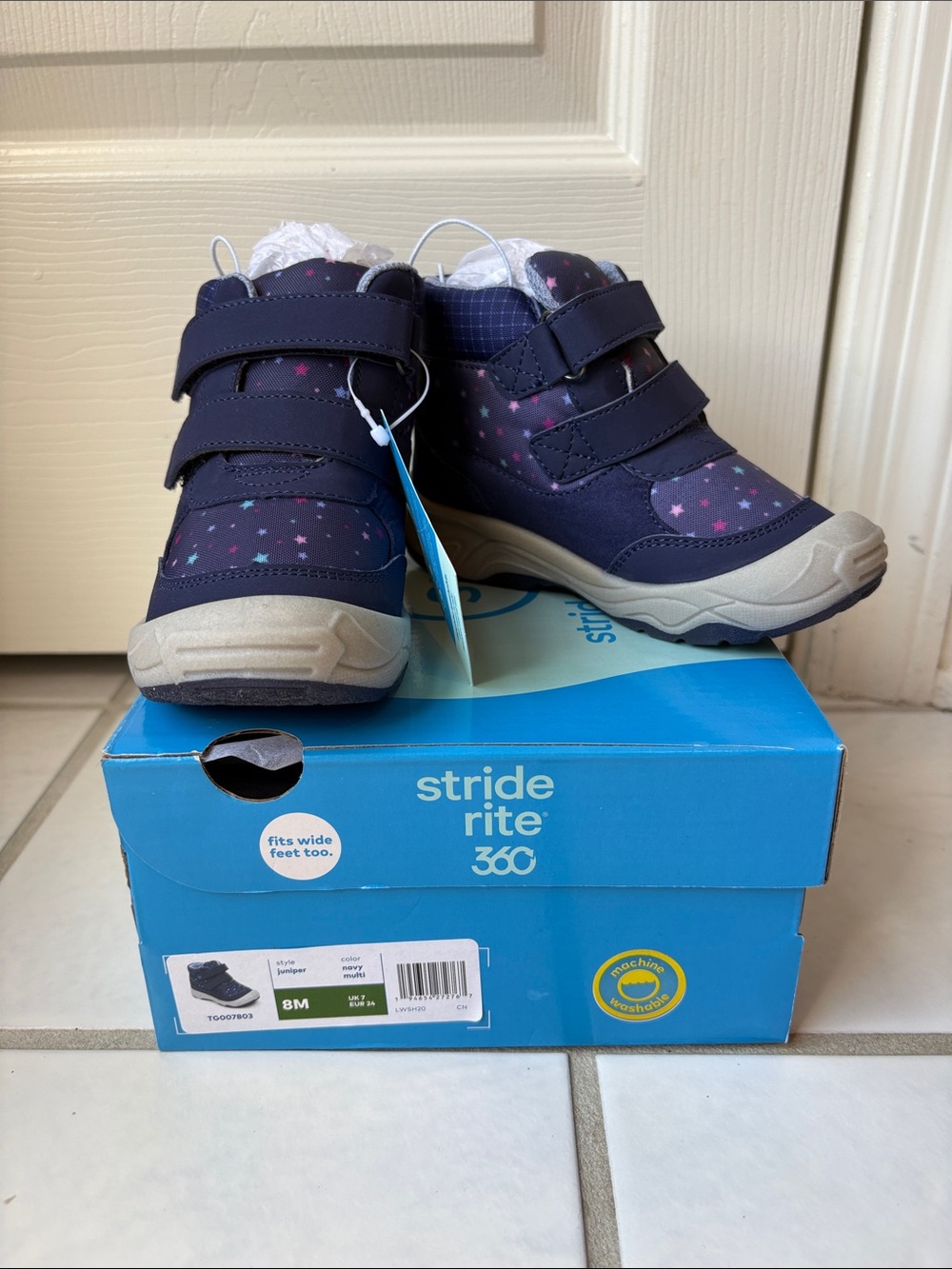 Stride Rite Navy Boots with Purple Star Print